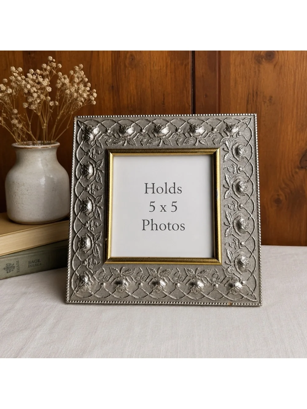Vintage Furio Home 5x5 Silver Tone Rose Embossed Picture Frame Gold Trim